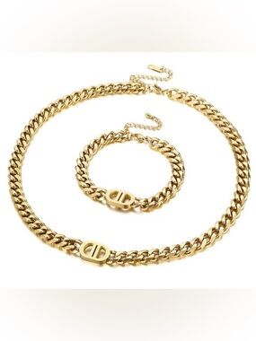 Gold Chain Necklace and Bracelet Set Cuban Link